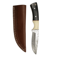 elTORO Buffalo Horn - Damast - Jagdmesser - 10cm - inkl. Lederscheide