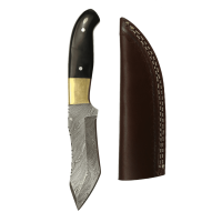 elTORO Brass Horn - Damast - Jagdmesser - 12,3cm - inkl. Lederscheide