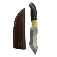 elTORO Brass Horn - Damast - Jagdmesser - 12,3cm - inkl. Lederscheide