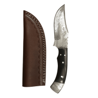 elTORO Damascus Horn - Damast - Jagdmesser - 11,5cm - inkl. Lederscheide