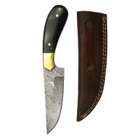 elTORO Brass Horn - Damast - Jagdmesser - 12,5cm - inkl. Lederscheide