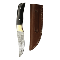 elTORO Brass Horn - Damast - Jagdmesser - 11cm - inkl. Lederscheide