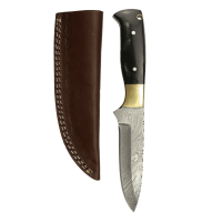 elTORO Brass Horn - Damast - Jagdmesser - 12cm - inkl. Lederscheide