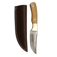 elTORO Brass Olive - Damast - Jagdmesser - 10cm - inkl. Lederscheide